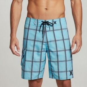 Hurley Men's Puerto Rico 21" Boardshorts Aqua Blue Plaid Recycled Super Suede 34